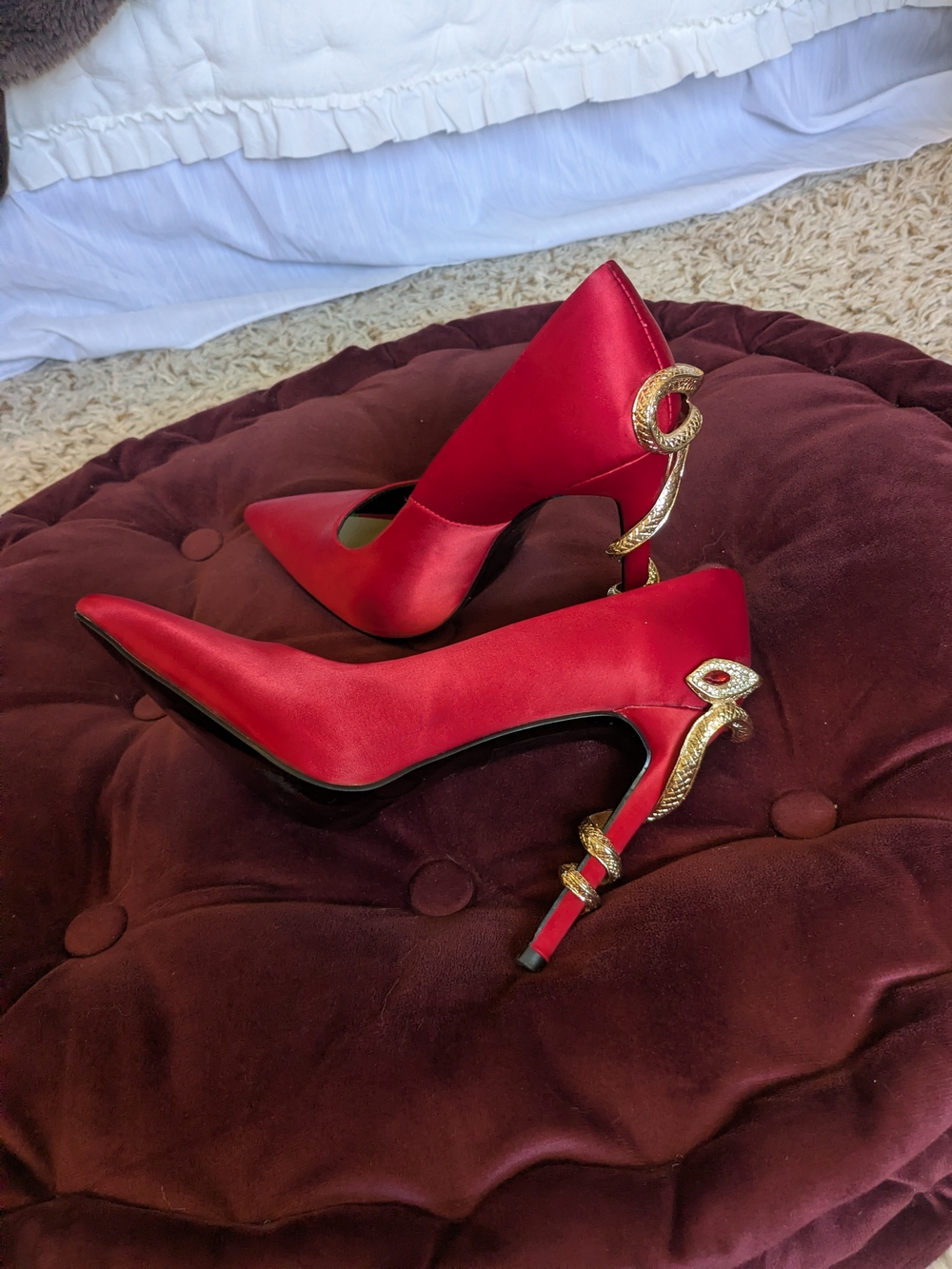 Red Satin Pointed-Toe Pumps with Decorative Gold Snake Heel Detail